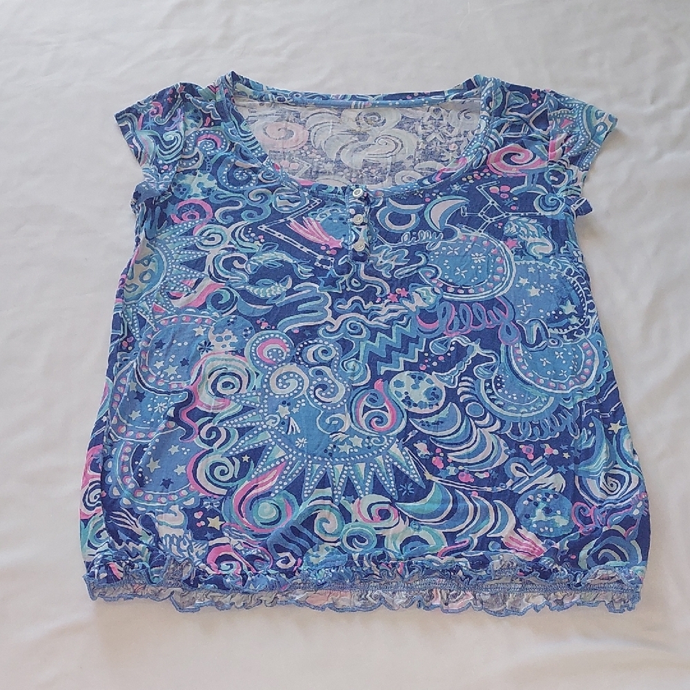 Lilly Pulitzer Blue Graphic Cap Sleeve Blouse Size Fits A Medium